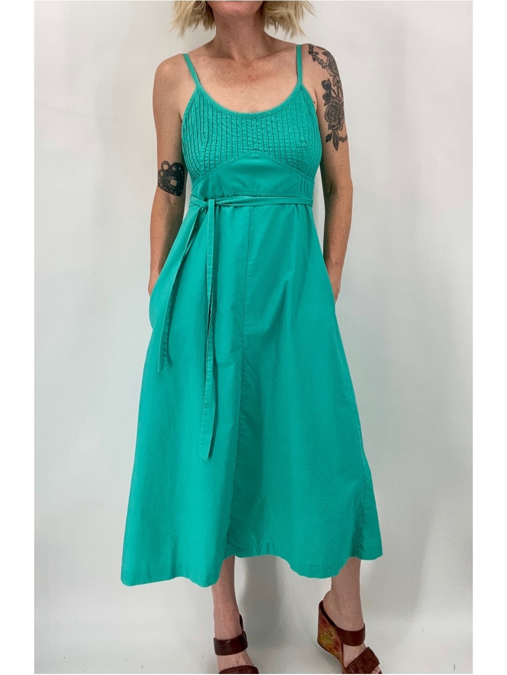 Vintage Lanz Originals Midi Wrap Dress Teal Pintuck Pleated Pockets Open Back